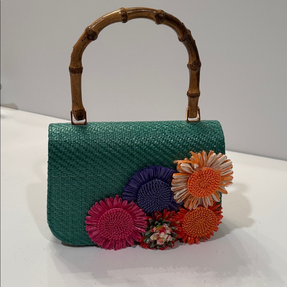 Haute Hippie Teal Woven Top-Handle Bag with Multicolor Floral Appliqués